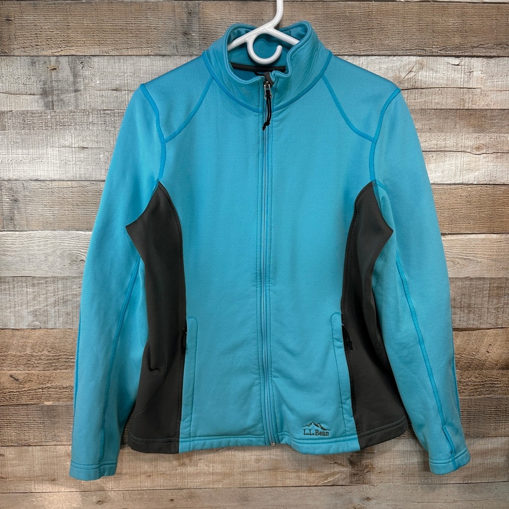 LL Bean Womens Performance Fleece Full Zip Jacket Aqua Grey Large